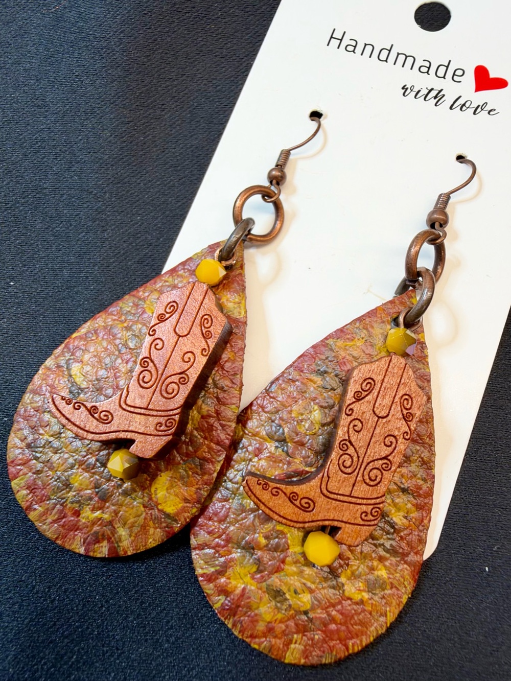 Handmade Multicolor Leather Teardrop Earrings with Cowboy Boot Accent